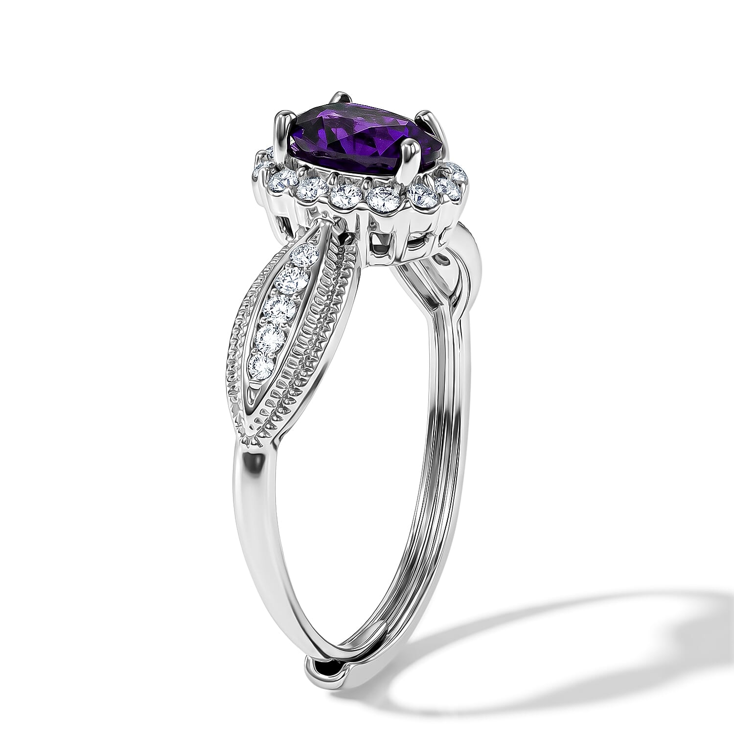 Amethyst and Simulated Diamond 5.00 ctw Ring in Silvertone (Adjustable)