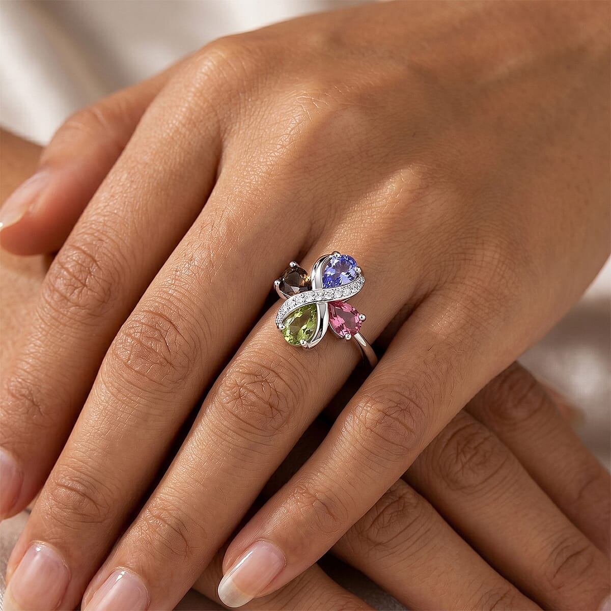 Multi Tourmaline and Simulated Diamond 4.50 ctw Ring in Silvertone (Adjustable) image number 1