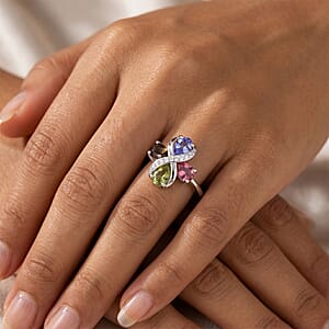 Multi Tourmaline and Simulated Diamond 4.50 ctw Ring in Silvertone (Adjustable)