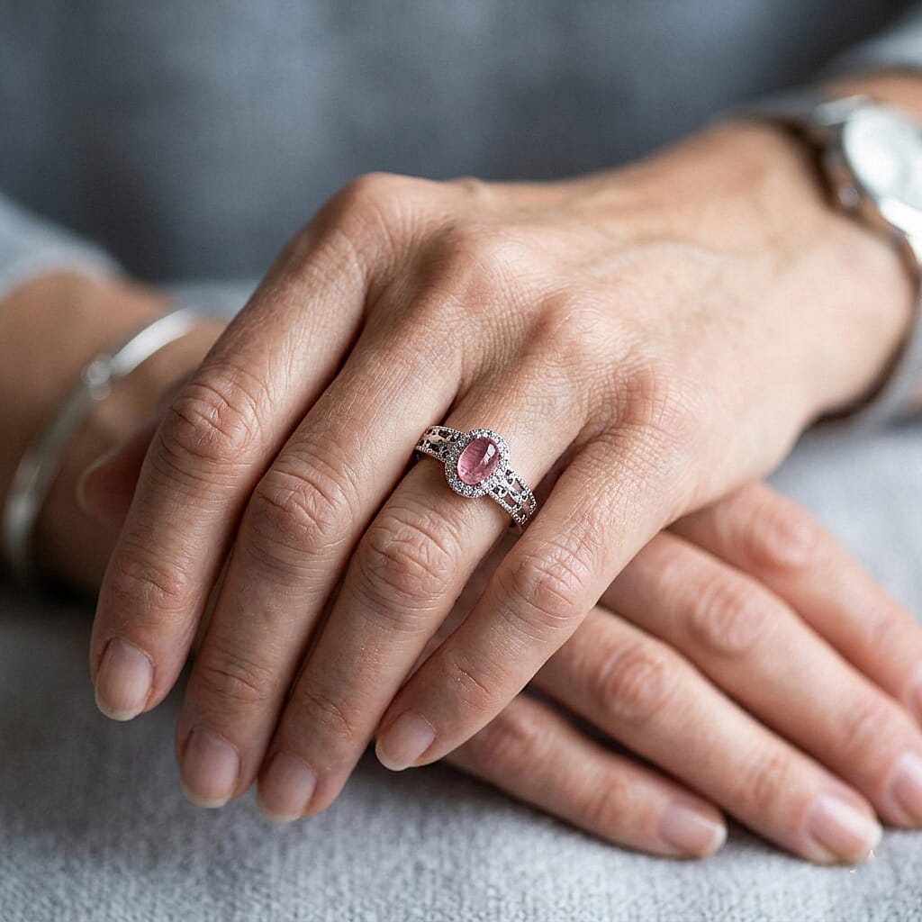 Pink Tourmaline and Simulated Diamond 2.50 ctw Ring in Silvertone (Adjustable)
