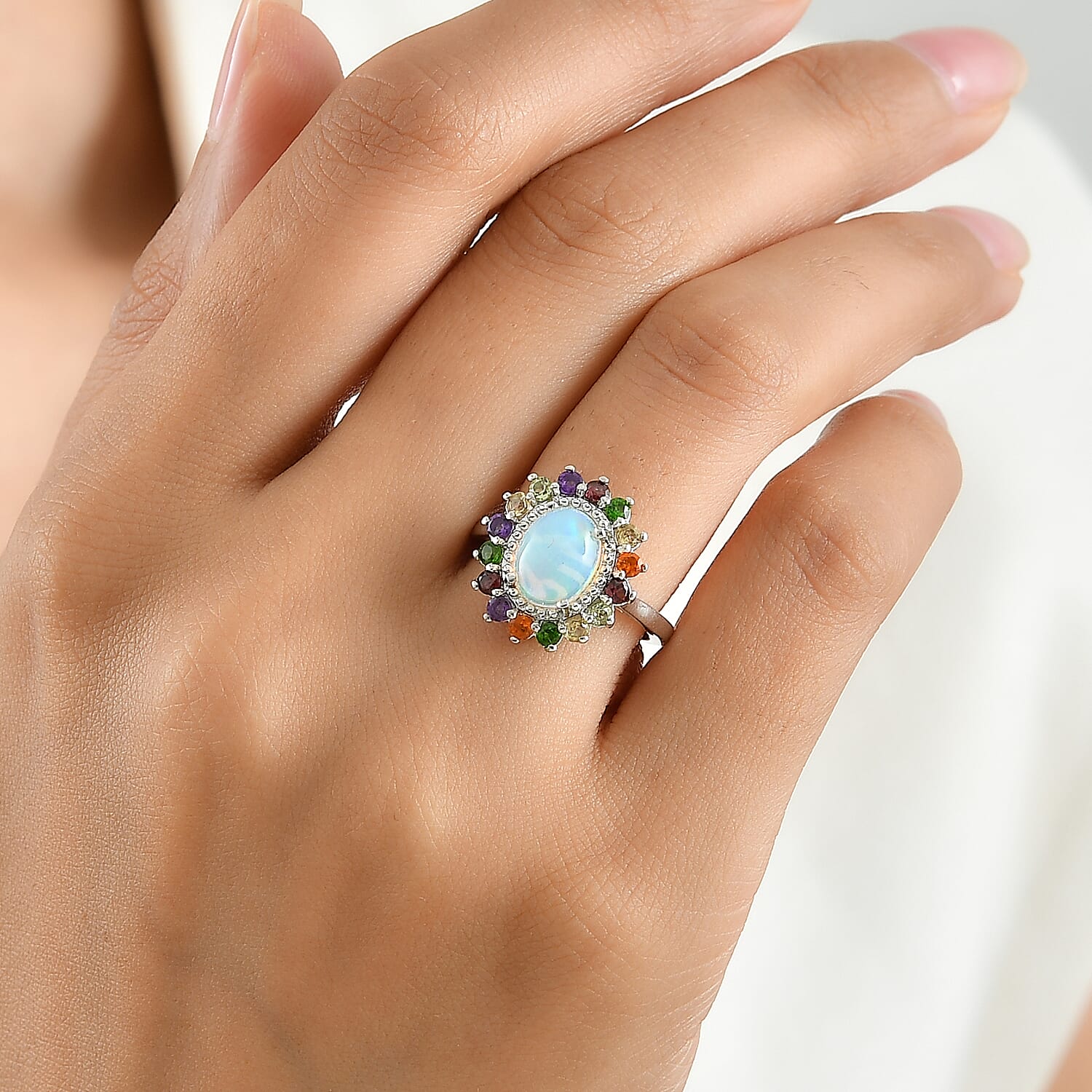 EverTrue Ethiopian Welo Opal and Multi Gemstone 2.00 ctw Ring in Platinum Bond (Size 5.0)