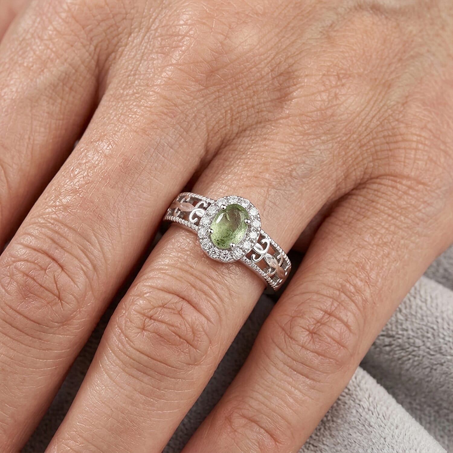 Peridot and Simulated Diamond 1.05 ctw Ring in Silvertone (Adjustable)