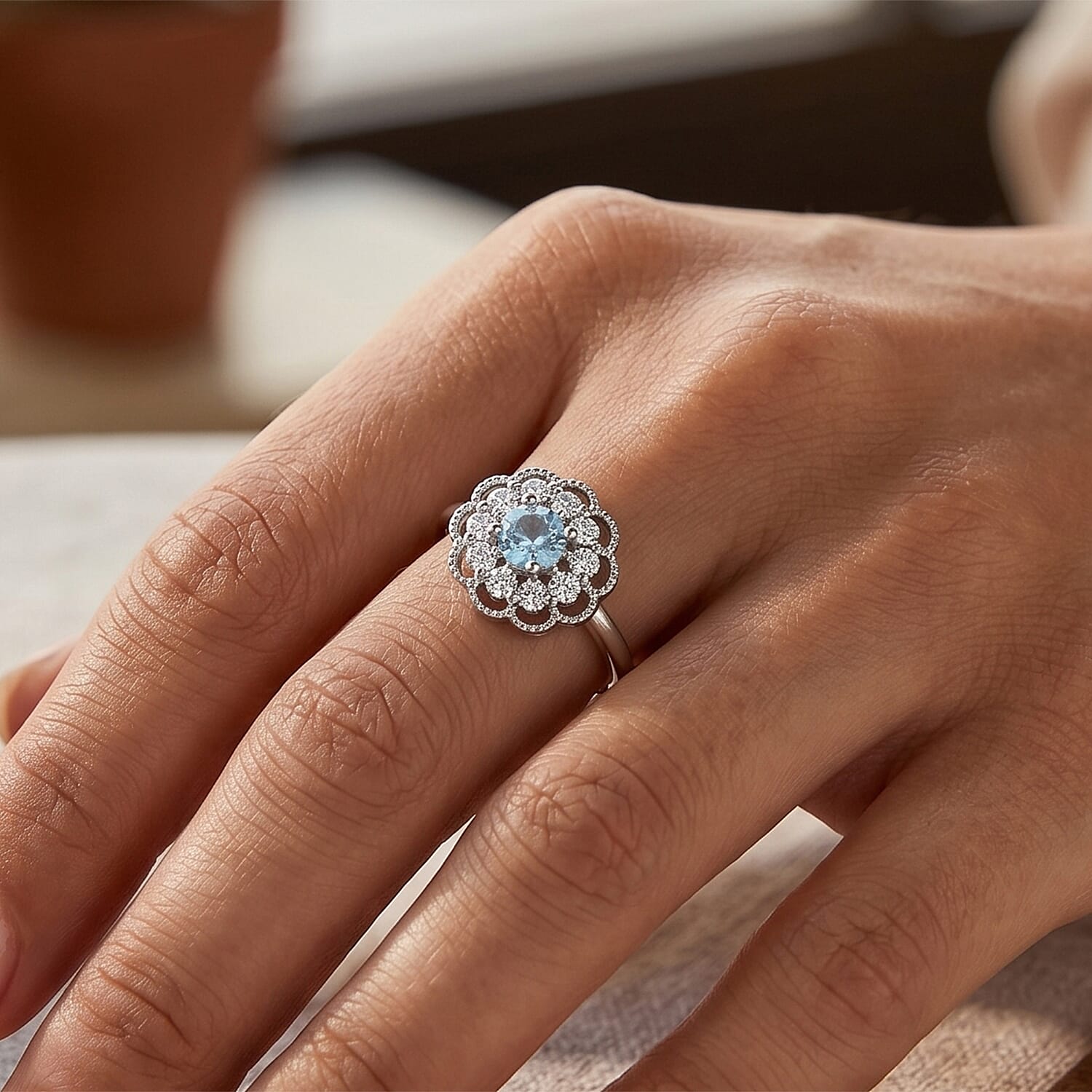Aquamarine and Simulated Diamond 2.00 ctw Ring in Silvertone (Adjustable)