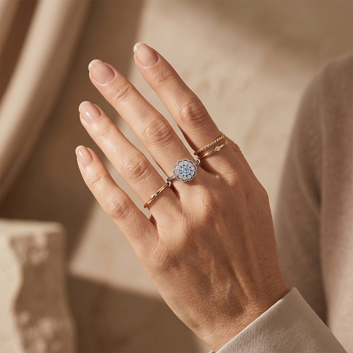 Aquamarine and Simulated Diamond 2.00 ctw Ring in Silvertone (Adjustable)