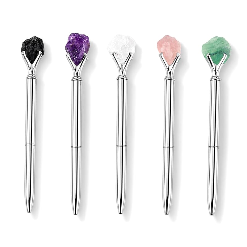 La Marey Silver Set of 5 Gemstone Pens (Amethyst, Rose Quartz, Green Flourite, Clear Quartz and Black Obsidian)
