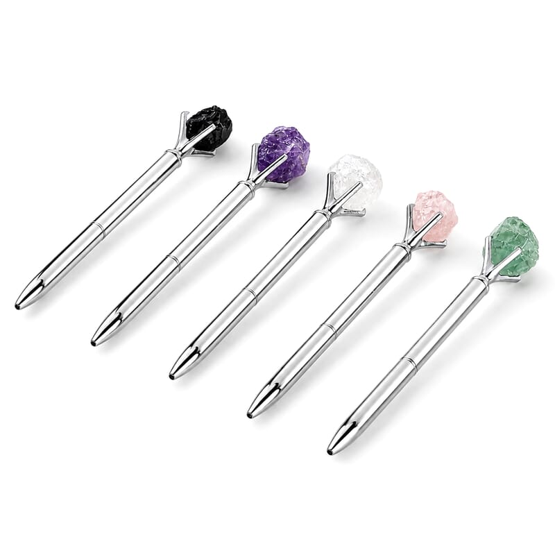 La Marey Silver Set of 5 Gemstone Pens (Amethyst, Rose Quartz, Green Flourite, Clear Quartz and Black Obsidian)