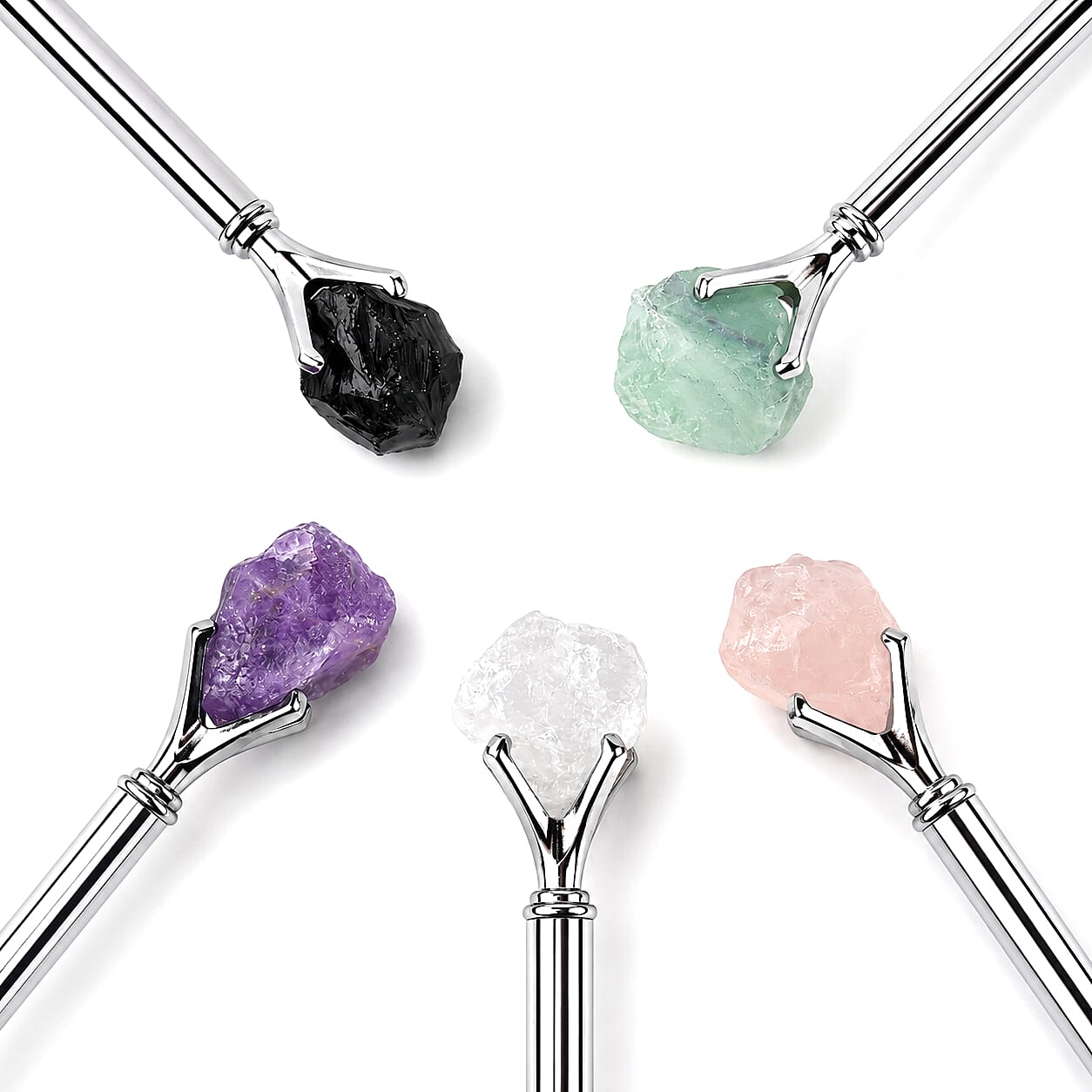 La Marey Silver Set of 5 Gemstone Pens (Amethyst, Rose Quartz, Green Flourite, Clear Quartz and Black Obsidian)