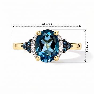 D'Joy London Blue Topaz, Blue and White Diamond 2.40 ctw Ring in 18K Vermeil Yellow Gold and Rhodium Over Sterling Silver (Size 5.0)