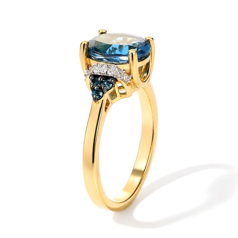 D'Joy London Blue Topaz, Blue and White Diamond 2.40 ctw Legacy Veil Ring in 18K Vermeil Yellow Gold and Rhodium Over Sterling Silver (Size 6.0)