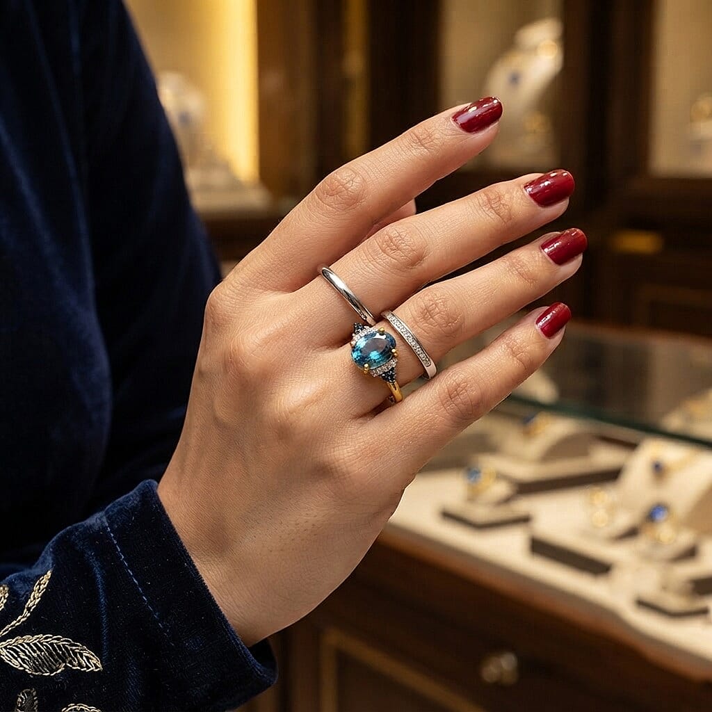 D'Joy London Blue Topaz, Blue and White Diamond 2.40 ctw Legacy Veil Ring in 18K Vermeil Yellow Gold and Rhodium Over Sterling Silver (Size 8.0)