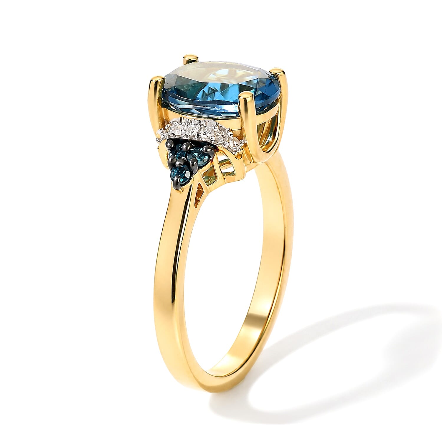 D'Joy London Blue Topaz, Blue and White Diamond 2.40 ctw Legacy Veil Ring in 18K Vermeil Yellow Gold and Rhodium Over Sterling Silver (Size 8.0)