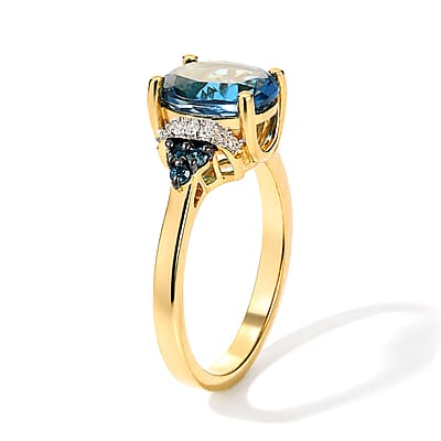 D'Joy London Blue Topaz, Blue and White Diamond 2.40 ctw Legacy Veil Ring in 18K Vermeil Yellow Gold and Rhodium Over Sterling Silver (Size 8.0)