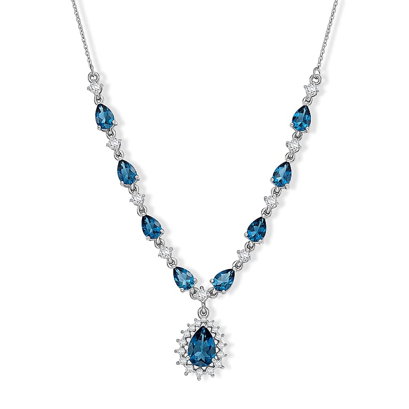D'Joy Premium London Blue Topaz and Moissanite 5.90 ctw Necklace in Rhodium Over Sterling Silver 18 Inches