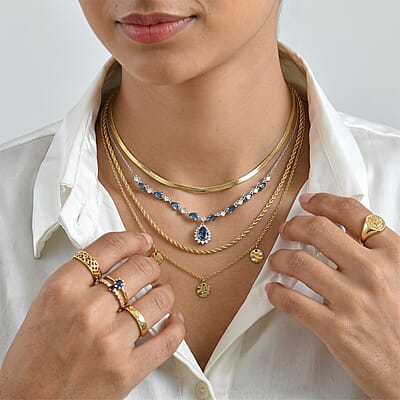 D'Joy Premium London Blue Topaz and Moissanite 5.90 ctw Necklace in Rhodium Over Sterling Silver 18 Inches