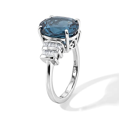 D'Joy London Blue Topaz and Diamond 6.00 ctw Ring in Rhodium Over Sterling Silver (Size 6.0)