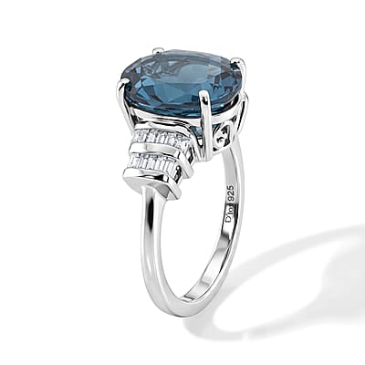 D'Joy London Blue Topaz and Diamond 6.00 ctw Royal Radiance Ring in Rhodium Over Sterling Silver (Size 8.0)