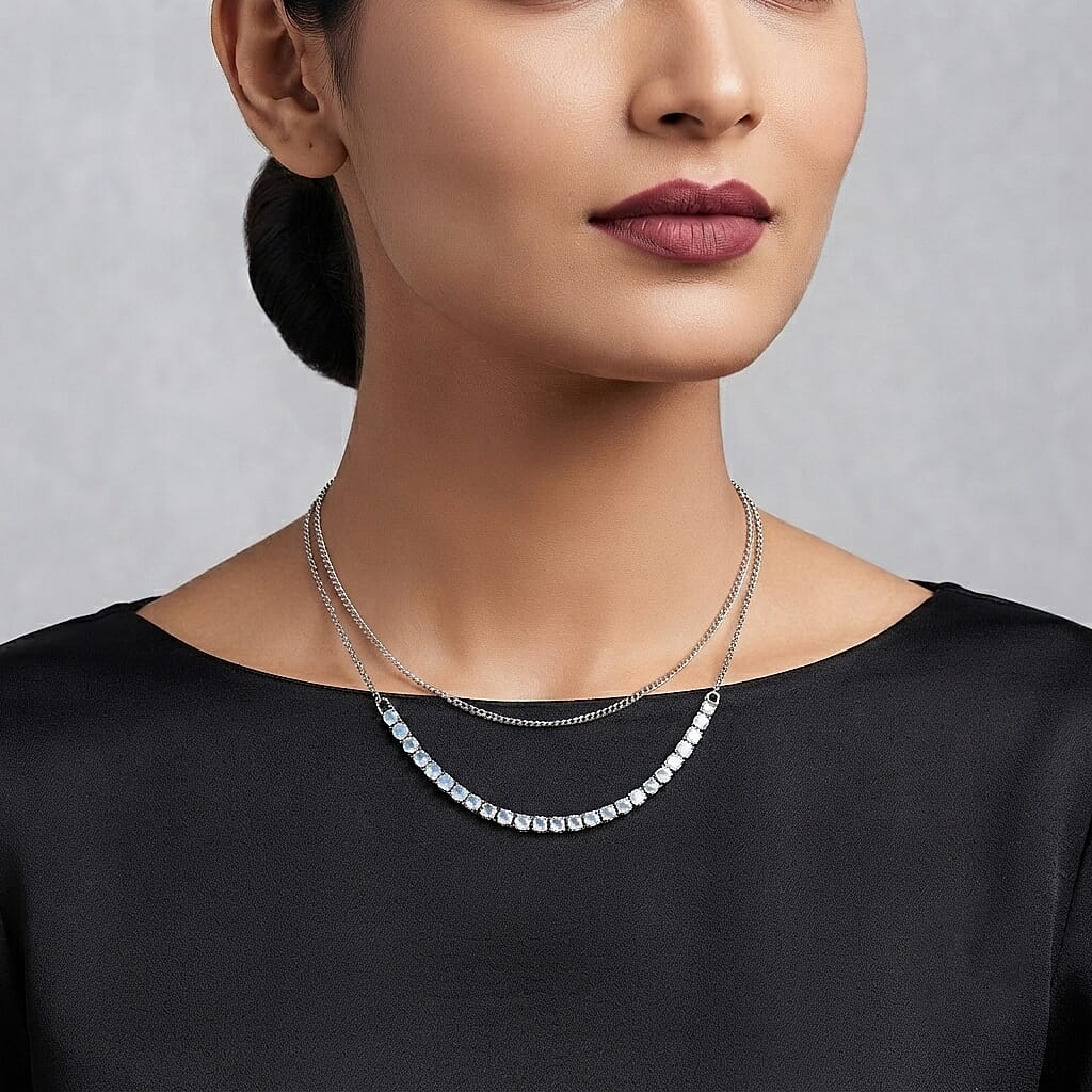 EverTrue Rainbow Moonstone 3.00 ctw Line Necklace (18 Inches) in Platinum Bond