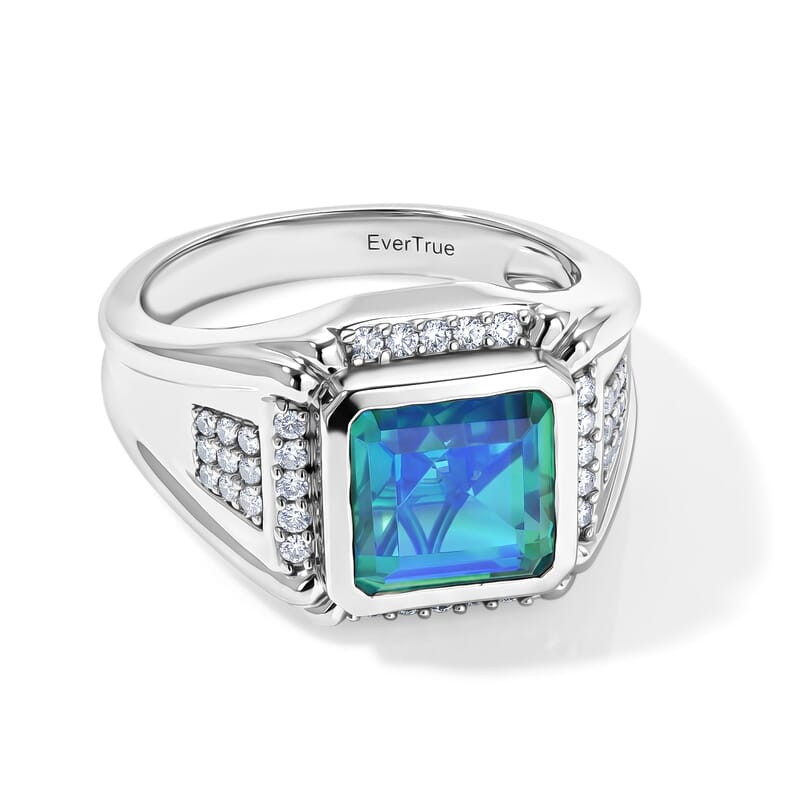 EverTrue Peacock Quartz (Triplet) and White Zircon 6.30 ctw Men's Ring in Platinum Bond (Size 10.0)