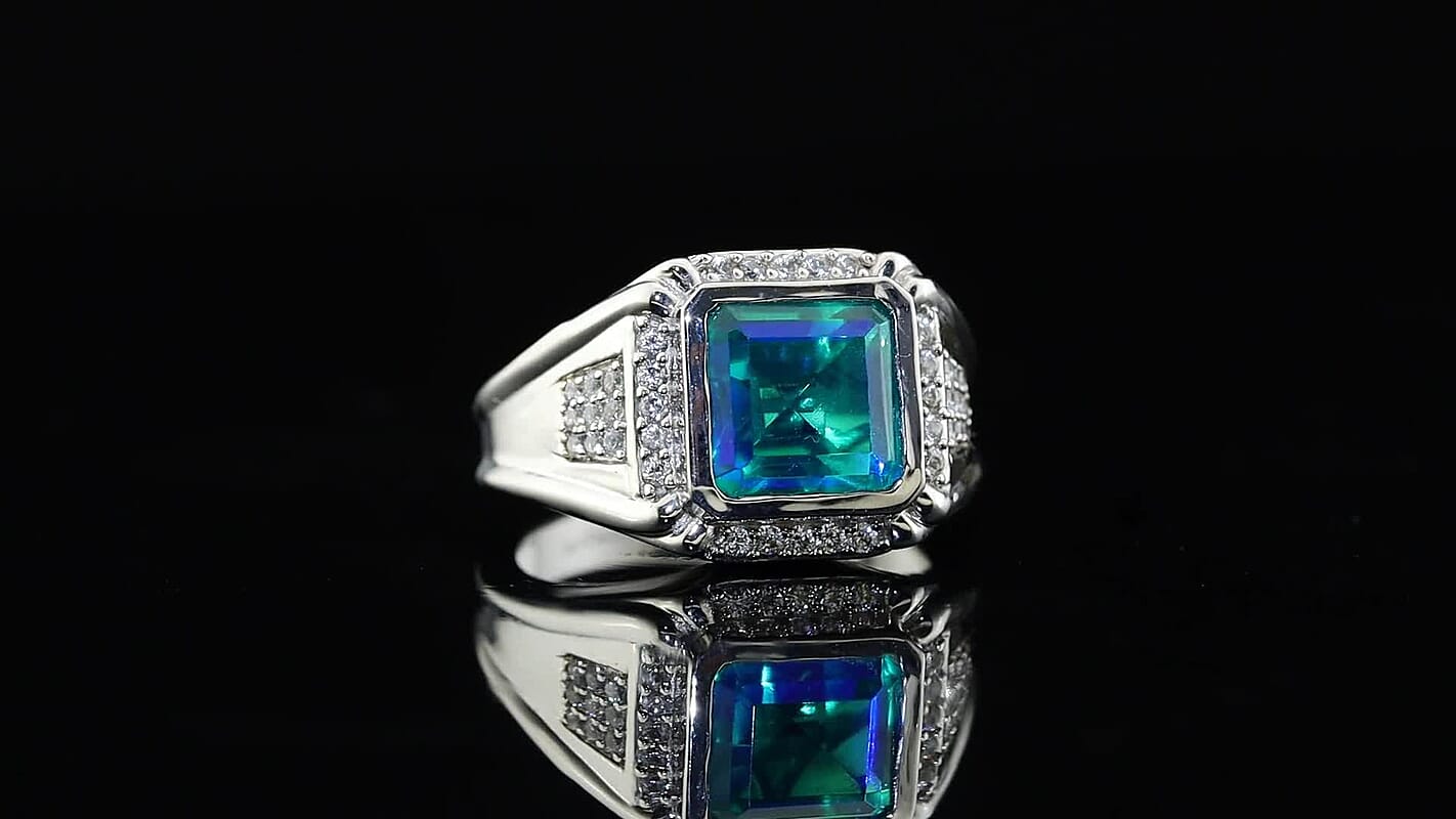 EverTrue Peacock Quartz, White Zircon Men''s Ring in Platinum Bond (Size 10.0) 6.30 ctw