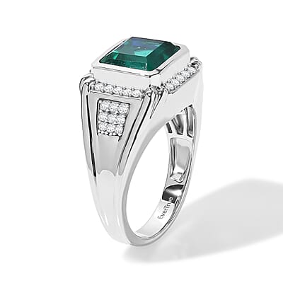 EverTrue Peacock Quartz (Triplet) and White Zircon 6.30 ctw Men's Ring in Platinum Bond (Size 10.0)