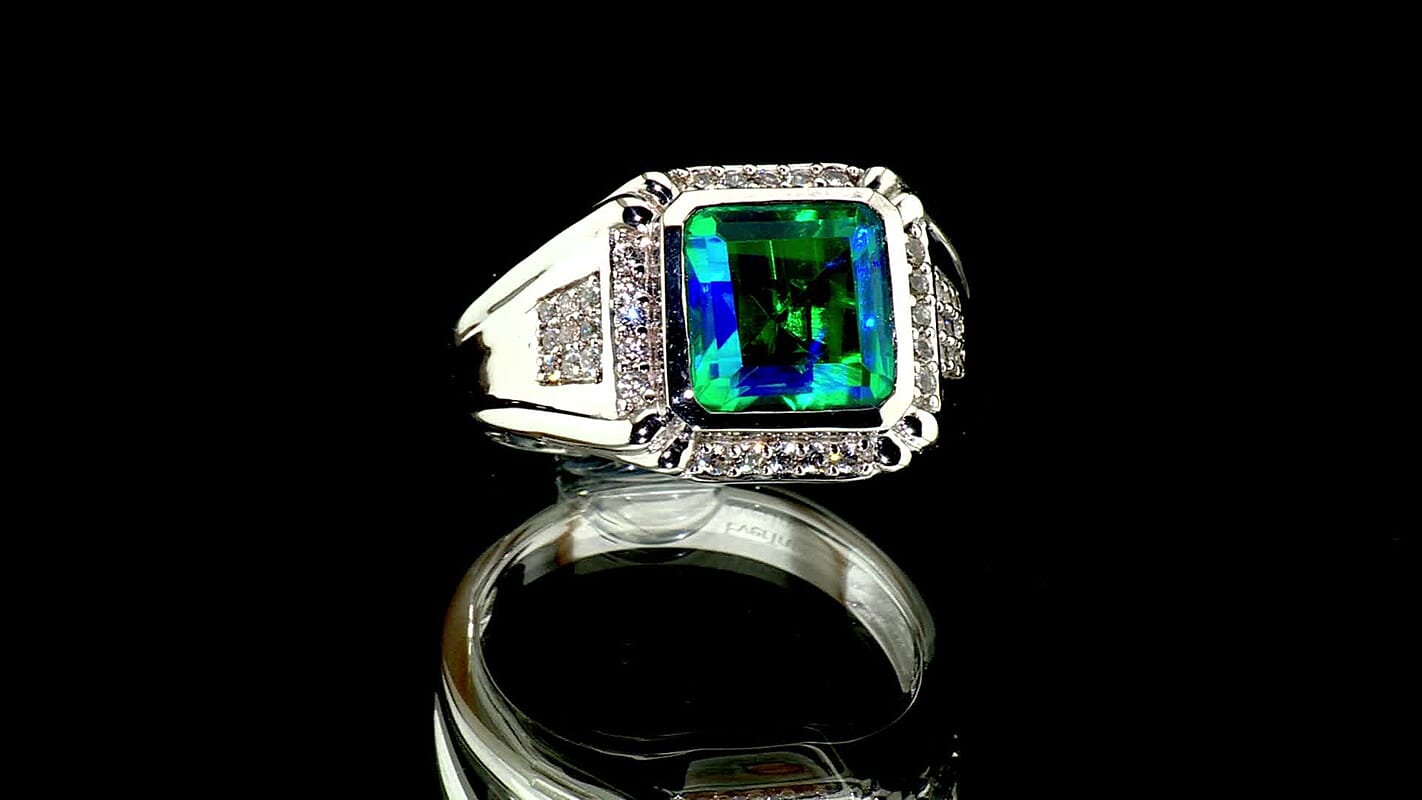 EverTrue Peacock Quartz, White Zircon Men''s Ring in Platinum Bond (Size 10.0) 6.30 ctw