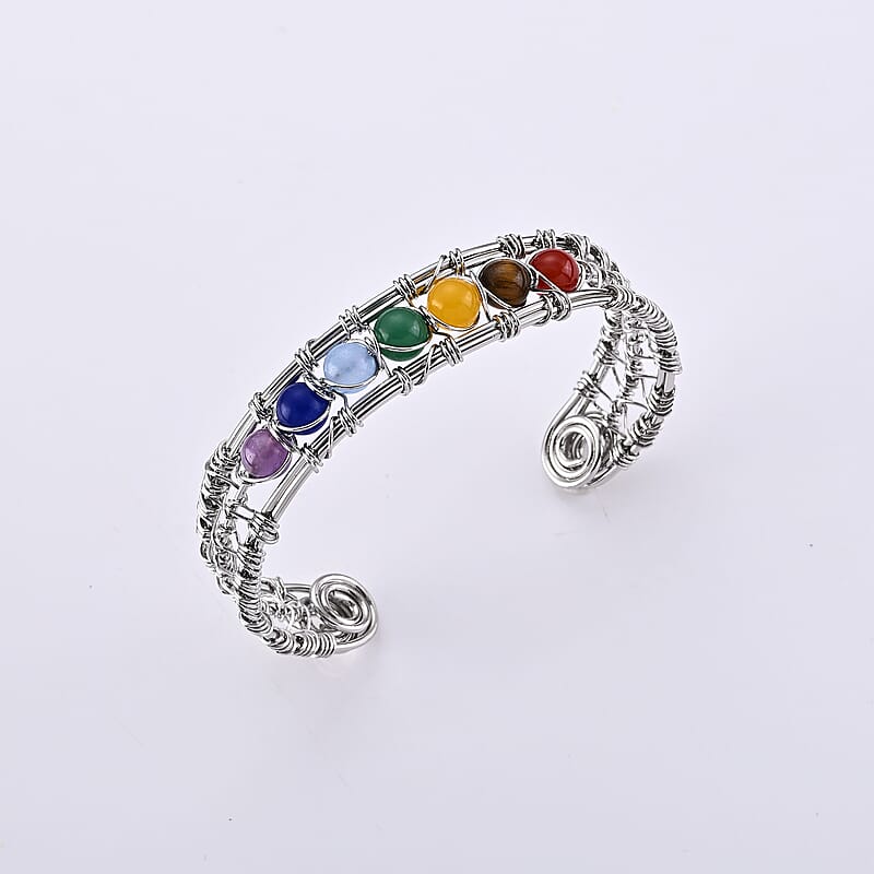 Multi Gemstone 25.00 ctw Bangle Bracelet in Silvertone (6.5-7 In)