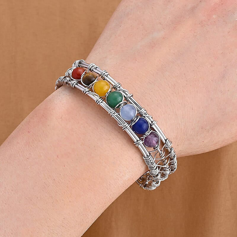 Multi Gemstone 25.00 ctw Bangle Bracelet in Silvertone (6.5-7 In)