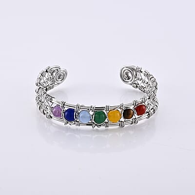 Multi Gemstone 25.00 ctw Bangle Bracelet in Silvertone (6.5-7 In)