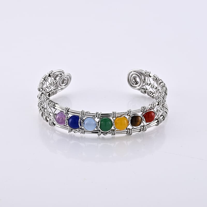 Multi Gemstone 25.00 ctw Bangle Bracelet in Silvertone (6.5-7 In)