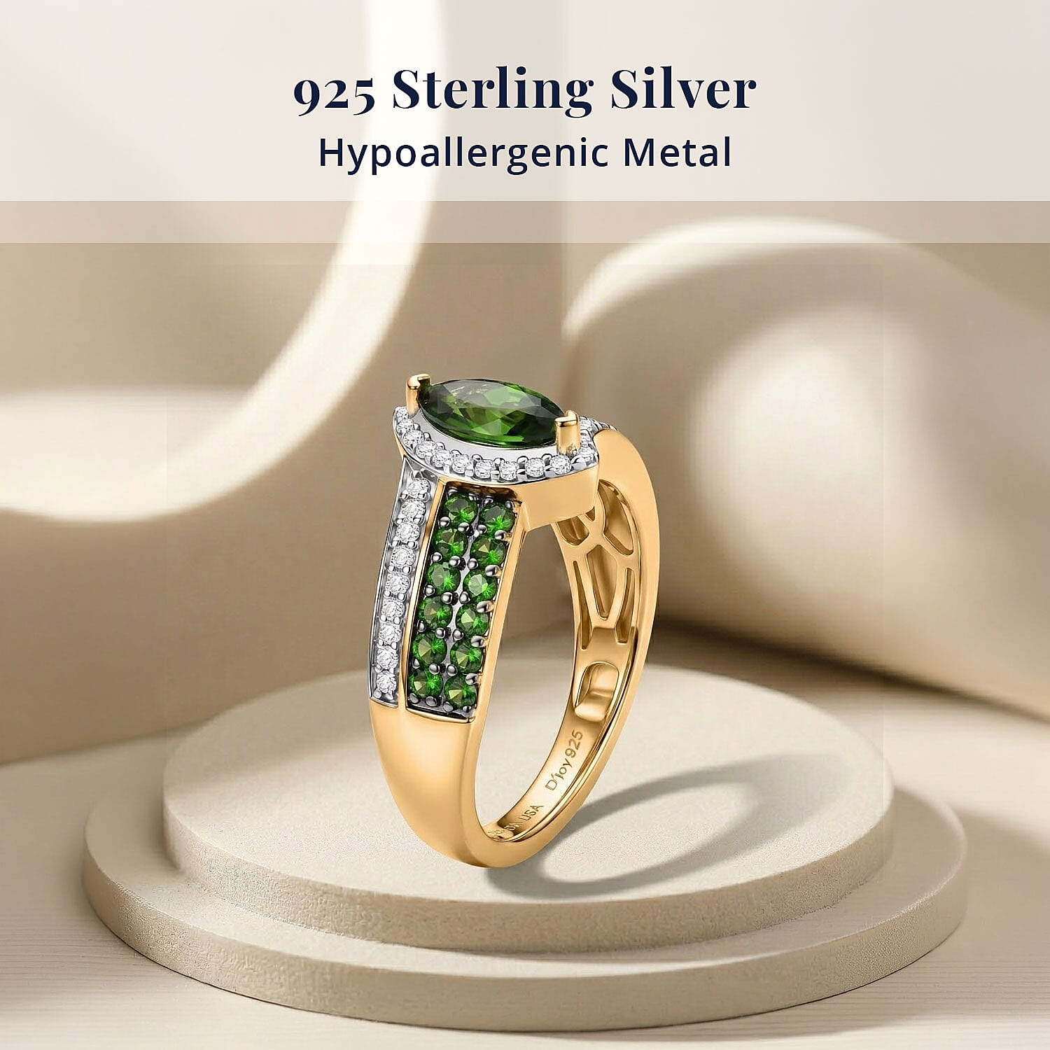 D'Joy Chrome Diopside and Moissanite 1.20 ctw Forest Marquis Ring in 18K Vermeil Yellow Gold Over Sterling Silver (Size 7.0)