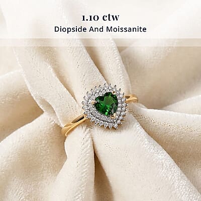 D'Joy Chrome Diopside and Moissanite 1.10 ctw Royal Heart Ring in 18K Vermeil Yellow Gold Over Sterling Silver (Size 6.0)