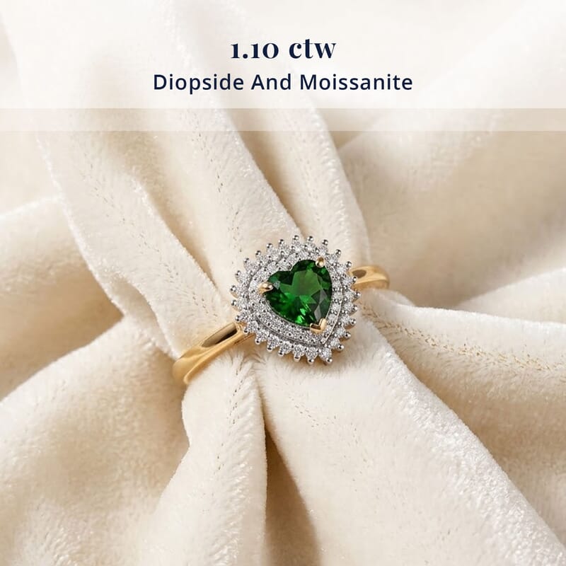 D'Joy Chrome Diopside and Moissanite 1.10 ctw Royal Heart Ring in 18K Vermeil Yellow Gold Over Sterling Silver (Size 6.0)