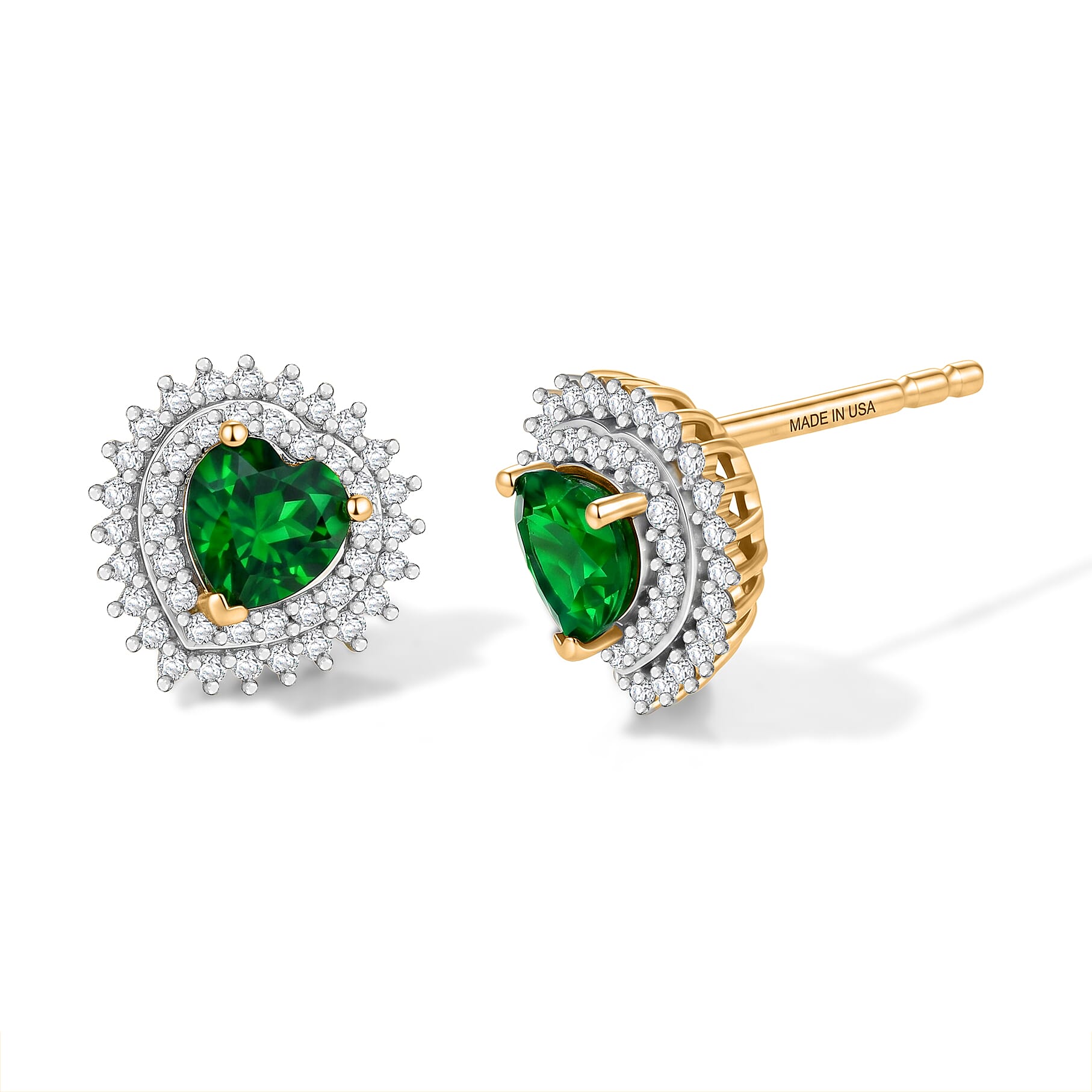 D'Joy Chrome Diopside and Moissanite 1.35 ctw Royal Heart Stud Earrings in 18K Vermeil Yellow Gold Over Sterling Silver