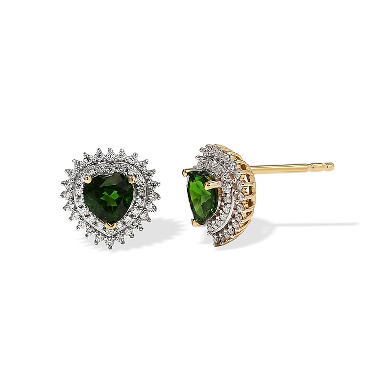 D'Joy Chrome Diopside and Moissanite 1.35 ctw Royal Heart Stud Earrings in 18K Vermeil Yellow Gold Over Sterling Silver