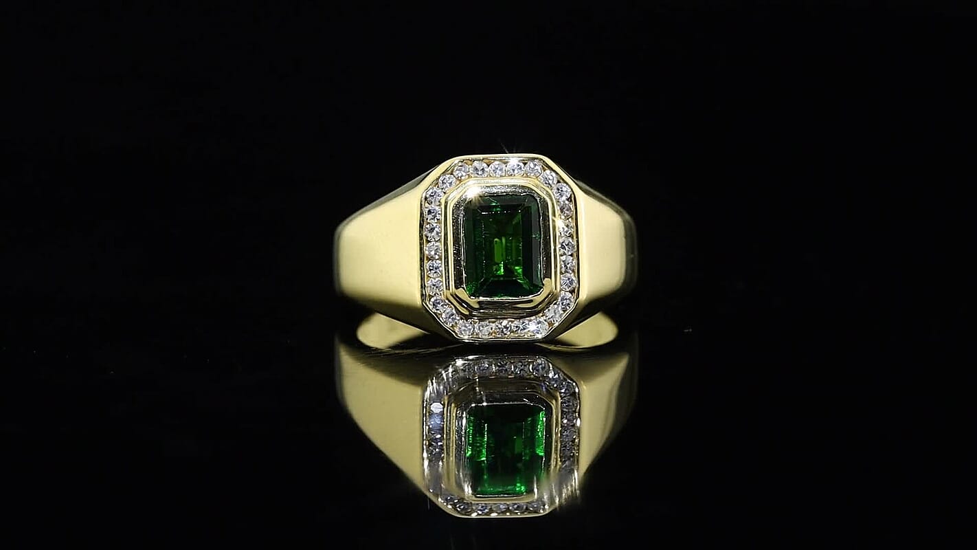Premium Chrome Diopside, Luxuriant Lab Grown Diamond (G-H, SI) (0.30 cts) Men's Ring in 18K Vermeil YG Over Sterling Silver (Size 10.0) 1.80 ctw