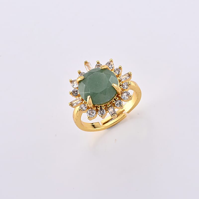 Green Aventurine and Simulated Diamond 12.00 ctw Ring in Goldtone (Adjustable)