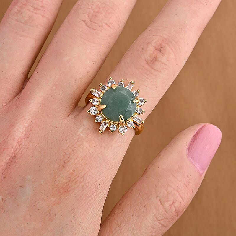 Green Aventurine and Simulated Diamond 12.00 ctw Ring in Goldtone (Adjustable)