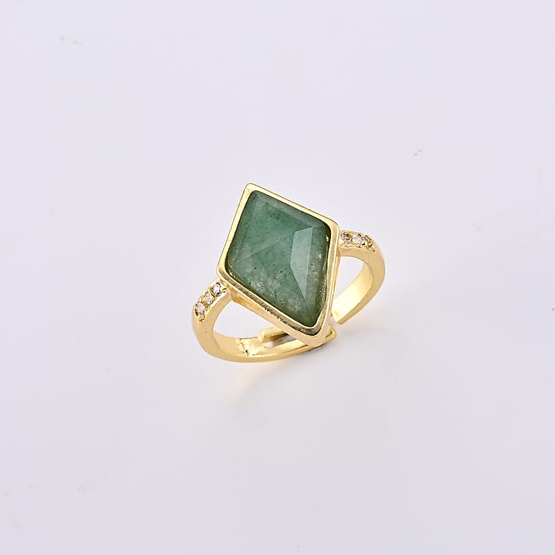 Green Aventurine and Simulated Diamond 5.20 ctw Ring in Goldtone (Adjustable)