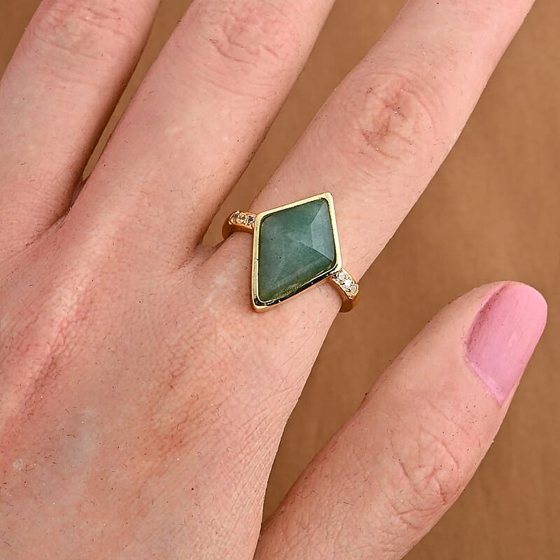 Green Aventurine and Simulated Diamond 5.20 ctw Ring in Goldtone (Adjustable)