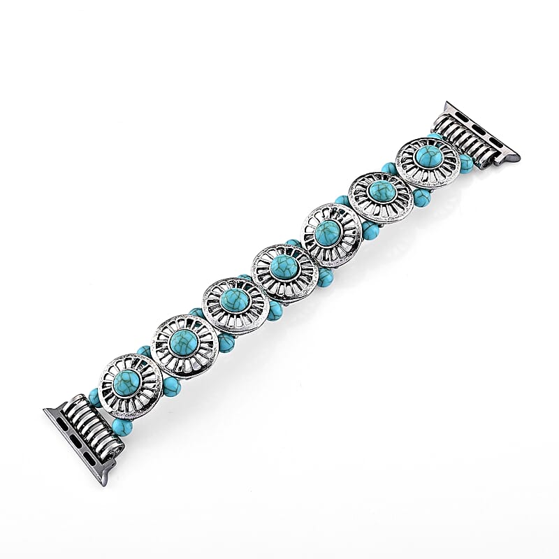 Turquoise Resin in Circular Pattern Apple Connector Watch Strap in Stainless Steel, Silvertone (Compatible Sizes 42mm/44mm/45mm/46mm/49mm)