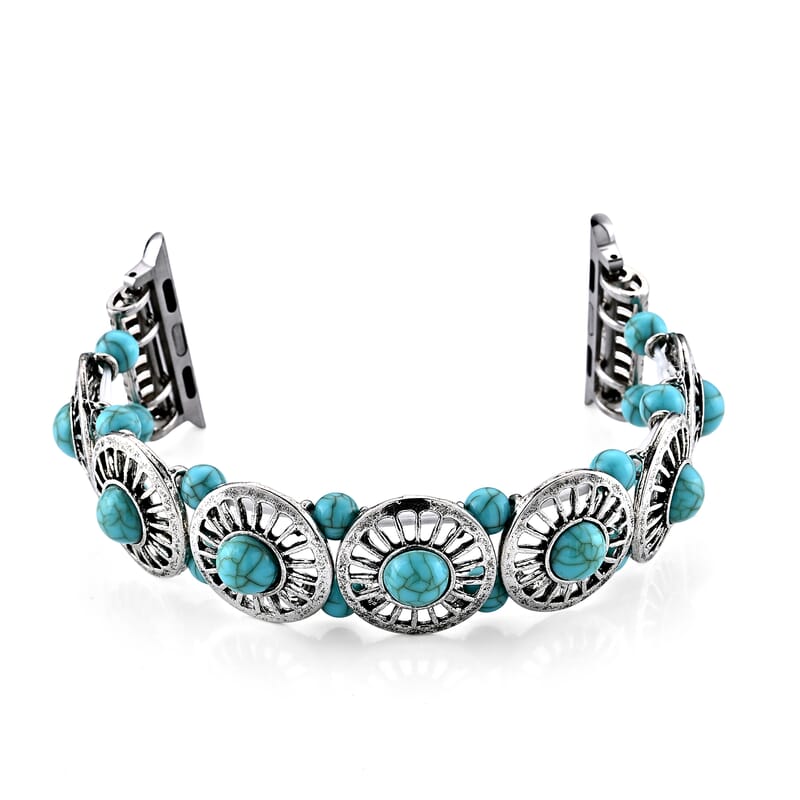 Turquoise Resin in Circular Pattern Connector Watch Strap in Stainless Steel, Silvertone (Compatible Sizes 42mm/44mm/45mm/46mm/49mm)
