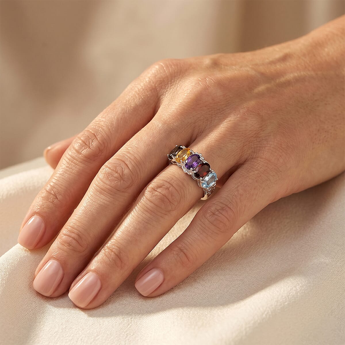 EverTrue Multi Gemstone 2.40 ctw 5 Stone Ring in Stainless Steel (Size 10.0) image number 1