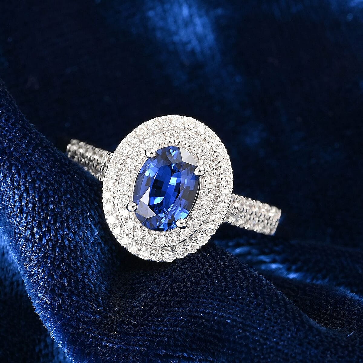 Certified and Appraised Iliana 18K White Gold AAA Royal Ceylon Sapphire and G-H SI Diamond Double Halo Ring (Size 10.0) 3.75 Grams 2.80 ctw image number 1