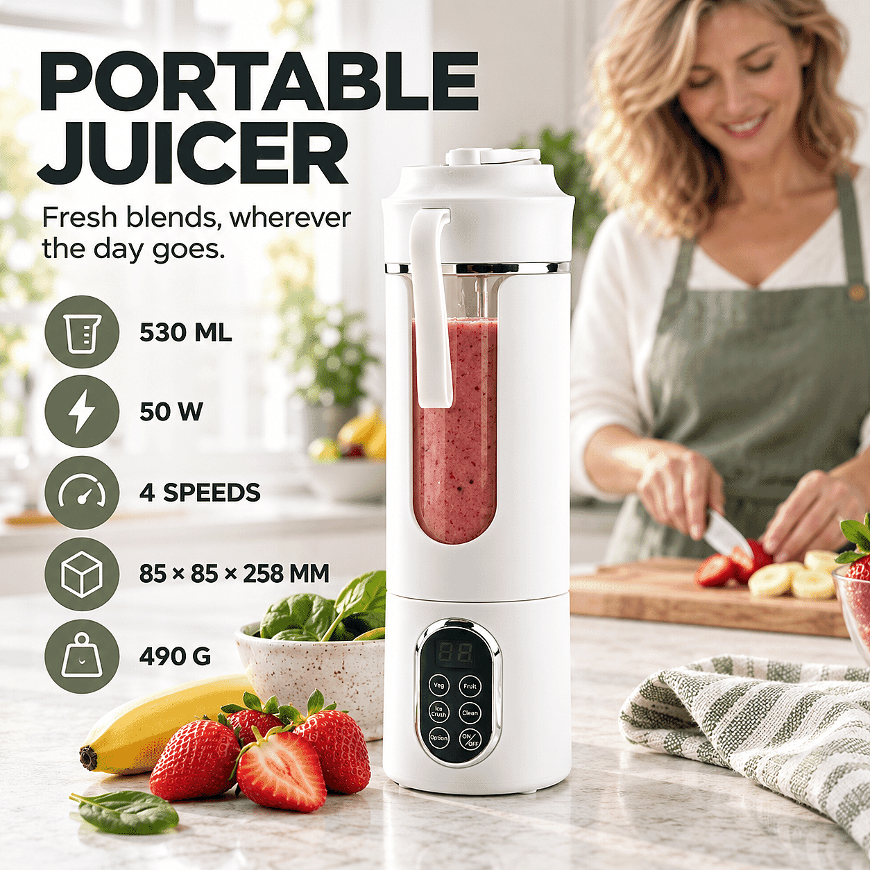 White USB Rechargeable Portable Juicer Stainless Blades (3C Battery 1300mAh) (530ML)