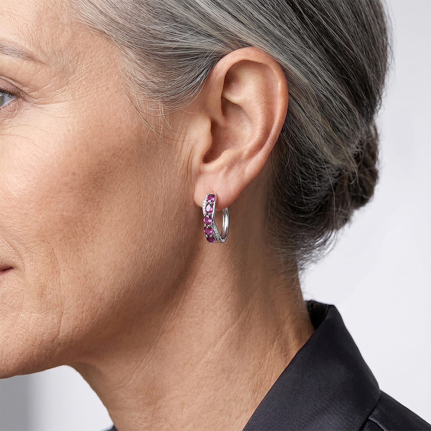 EverTrue Radiant Ember Garnet and White Zircon 2.50 ctw Serpentine Elegance Hoop Earrings in Platinum Bond