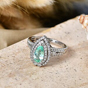 Certified & Appraised Rhapsody AAAA Paraiba Tourmaline and Diamond E-F VS 1.50 ctw Ring in 950 Platinum (Size 7.5) 7.10 Grams (Ships in 5-7 Days)