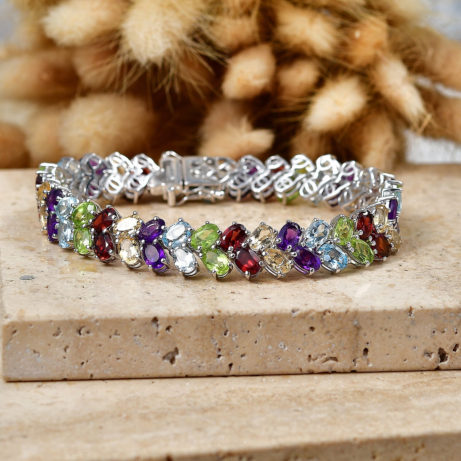 EverTrue Multi Gemstone 29.65 ctw Bracelet in Platinum Bond (7.25 In)