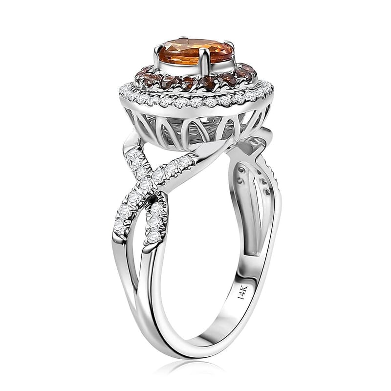Certified & Appraised Luxoro AAA Orange Sapphire, Red and I2 White Diamond 2.33 ctw Ring in 14K White Gold (Size 5.0) 4.80 Grams
