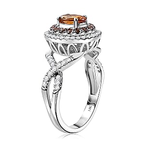 Certified & Appraised Luxoro AAA Orange Sapphire, Red and I2 White Diamond 2.33 ctw Ring in 14K White Gold (Size 7.5) 4.80 Grams