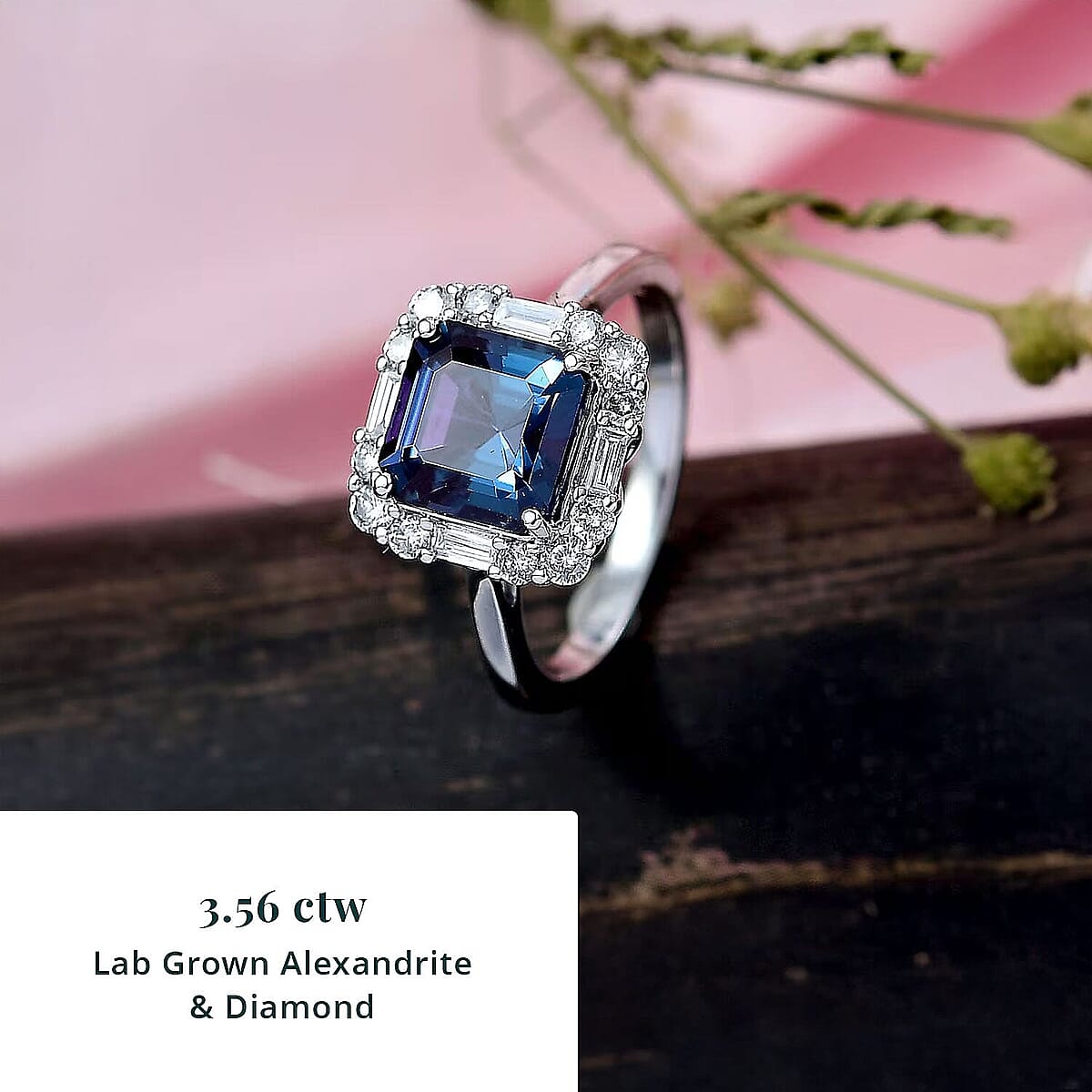 Certified & Appraised Luxuriant Asscher Cut AAA Lab Grown Alexandrite and Diamond G-H SI 3.56 ctw Ring in 10K White Gold (Size 6.5) image number 2